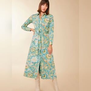 EUC Spartina 449 Mystic Moss Bird Marianne Long Shirt Dress, XS